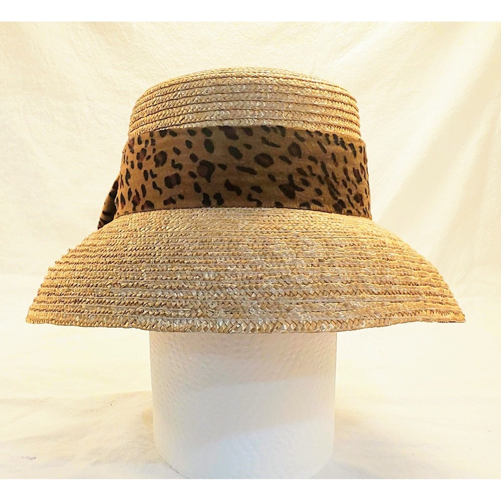 Vtg Natural Straw Bucket Boho Beach Hat Big Brim Chloe Cheetah Band One Size - Picture 2 of 5